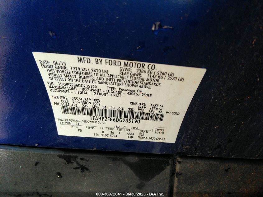 2013 FORD TAURUS LIMITED - 1FAHP2F86DG235190