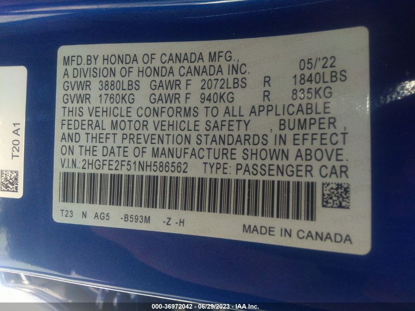 2022 HONDA CIVIC SEDAN SPORT - 2HGFE2F51NH586562