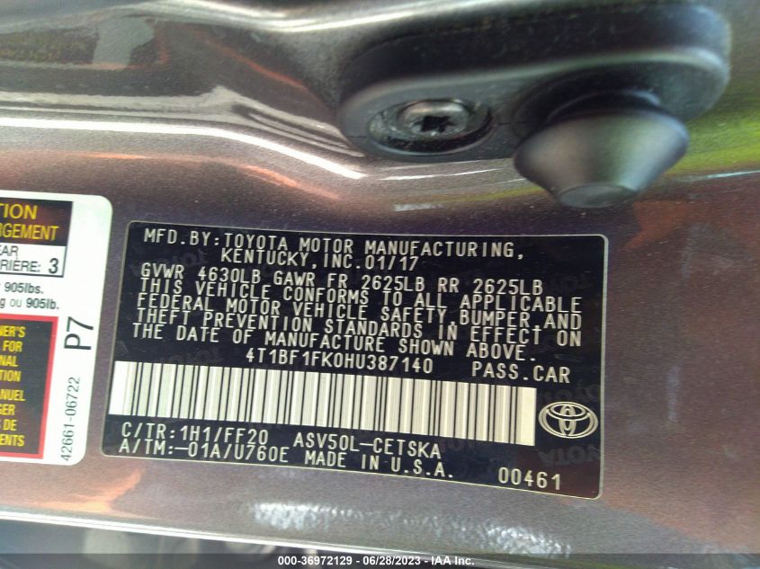 2017 TOYOTA CAMRY XLE/SE/LE/XSE - 4T1BF1FK0HU387140