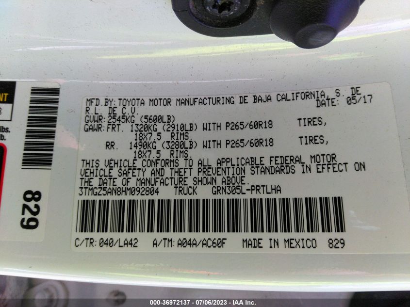 2017 TOYOTA TACOMA LIMITED - 3TMGZ5AN8HM092804
