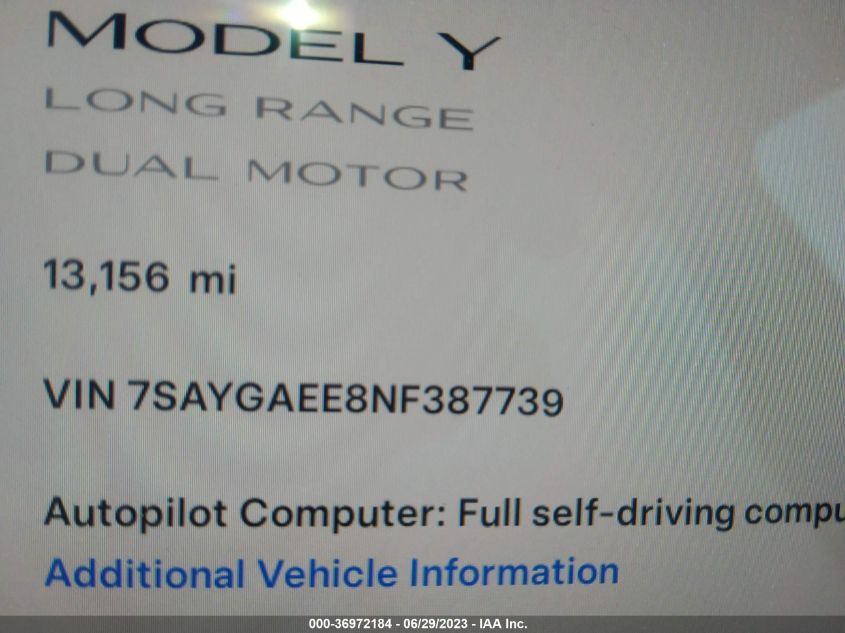 2022 TESLA MODEL Y LONG RANGE - 7SAYGAEE8NF387739