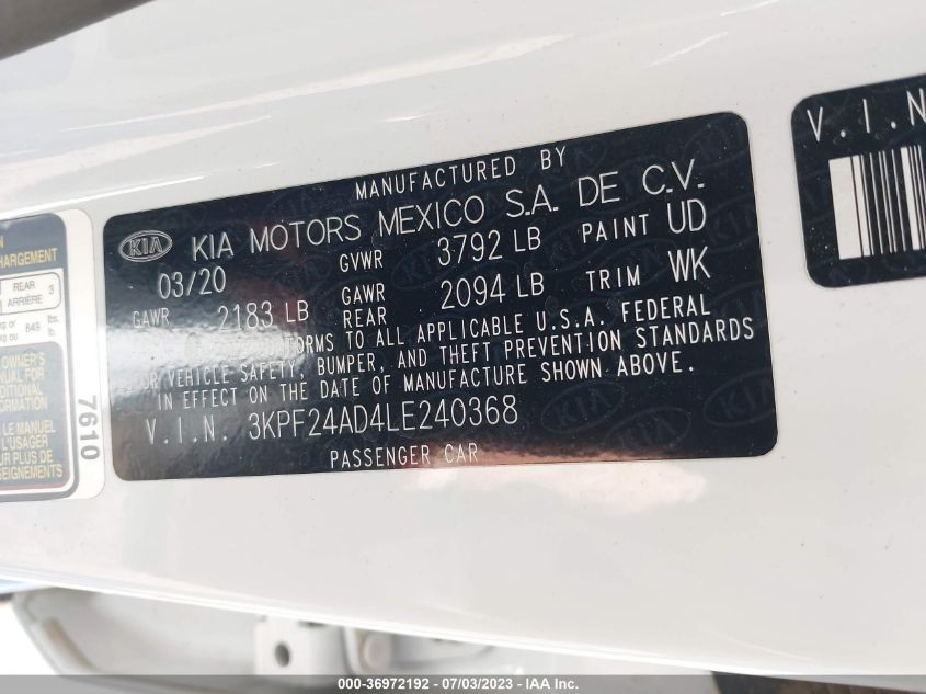 2020 KIA FORTE LXS - 3KPF24AD4LE240368