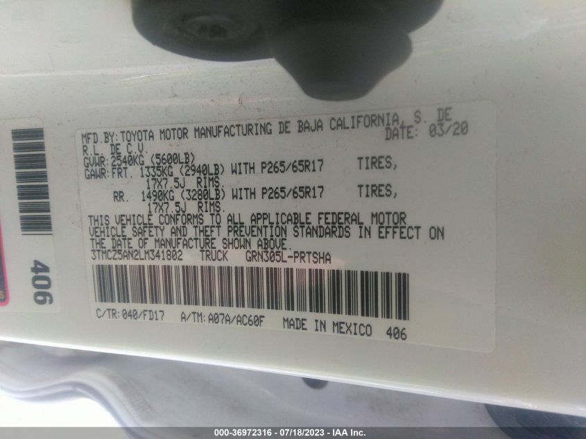 2020 TOYOTA TACOMA 4WD SR5/TRD SPORT - 3TMCZ5AN2LM341802