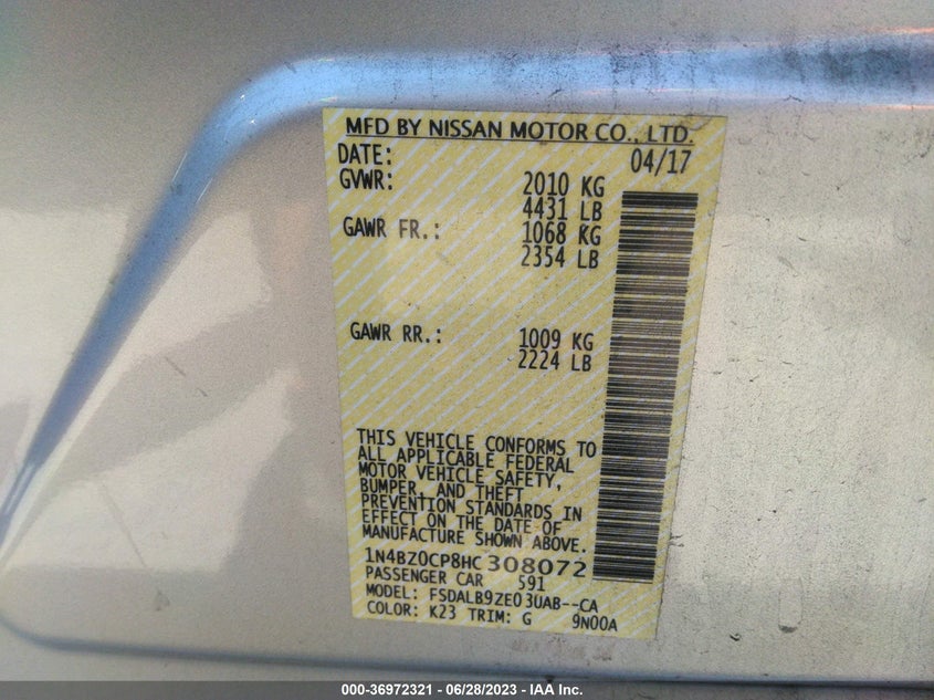 VIN 1N4BZ0CP8HC308072 2017 NISSAN LEAF S