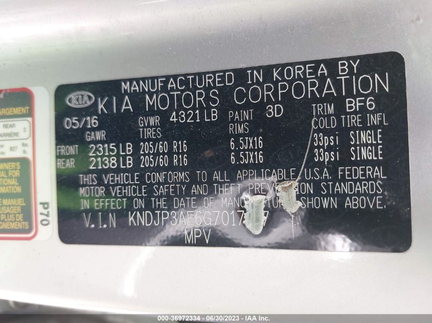 2016 KIA SOUL EV KNDJP3AE6G7017317