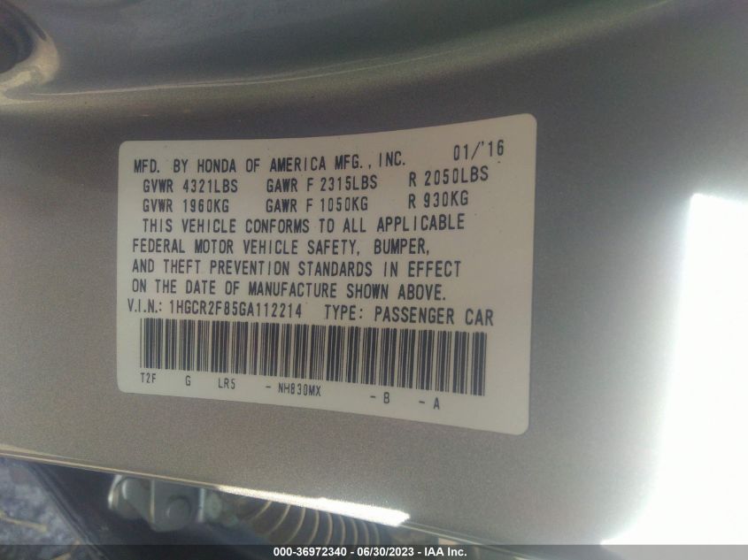 2016 HONDA ACCORD SEDAN EX-L - 1HGCR2F85GA112214