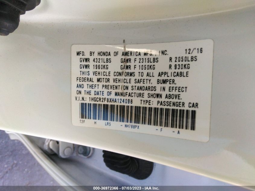 2017 HONDA ACCORD SEDAN EX-L - 1HGCR2F8XHA124098