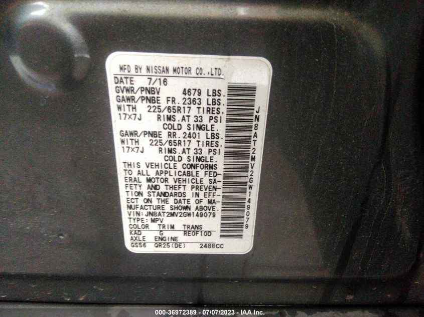 2016 NISSAN ROGUE SV - JN8AT2MV2GW149079