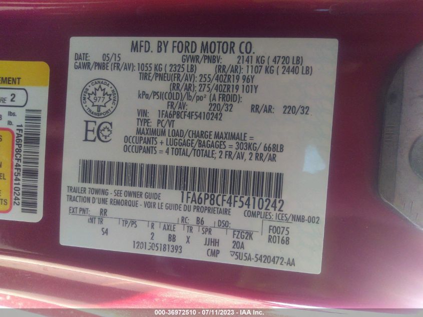 2015 FORD MUSTANG GT - 1FA6P8CF4F5410242