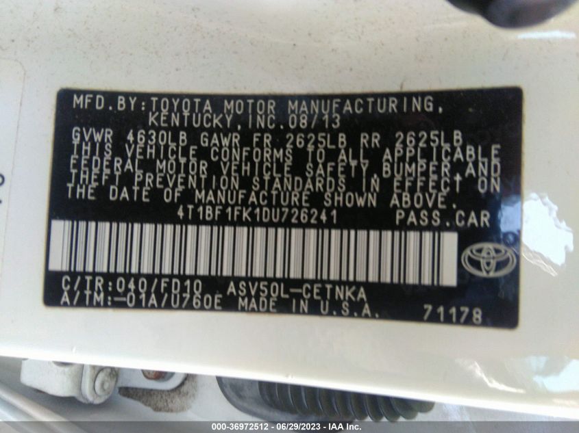 2013 TOYOTA CAMRY L/LE/SE/XLE - 4T1BF1FK1DU726241