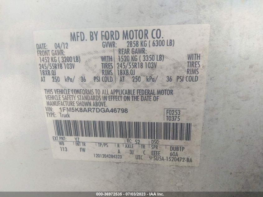 2013 FORD UTILITY POLICE 1FM5K8AR7DGA46798