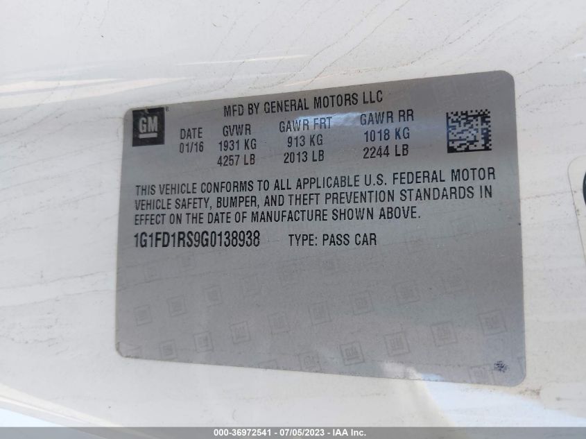 2016 CHEVROLET CAMARO 2LT - 1G1FD1RS9G0138938