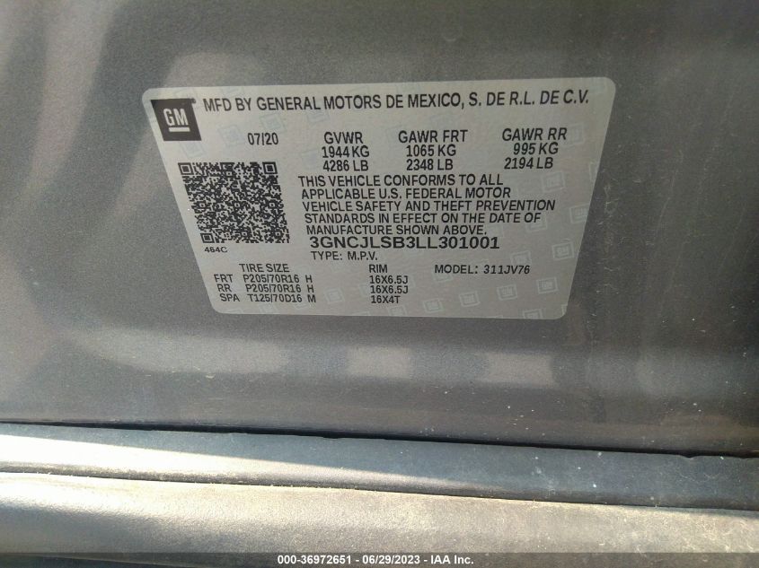 2020 CHEVROLET TRAX LT - 3GNCJLSB3LL301001