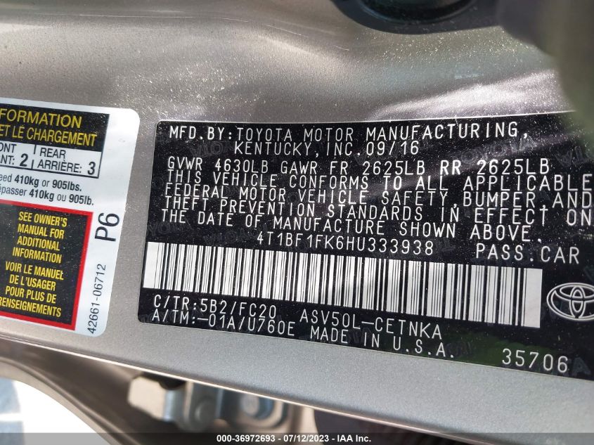 2017 TOYOTA CAMRY XLE/SE/LE/XSE - 4T1BF1FK6HU333938