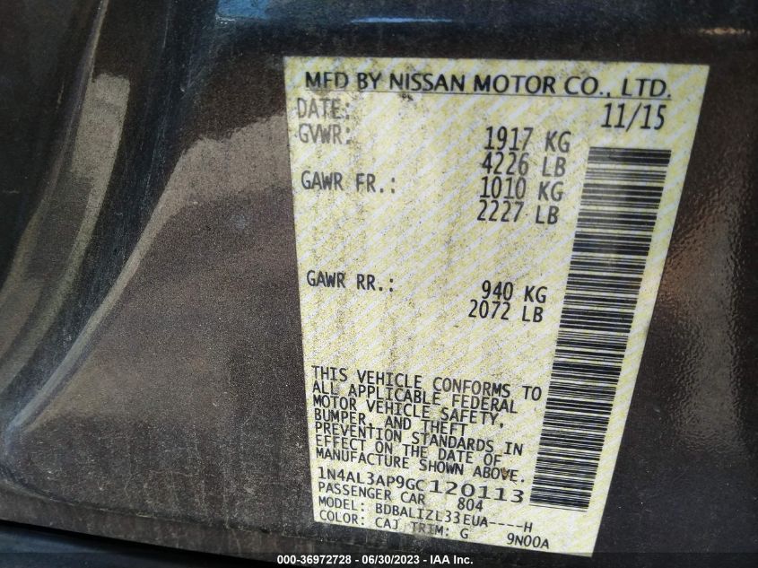 2016 NISSAN ALTIMA 2.5 SV - 1N4AL3AP9GC120113