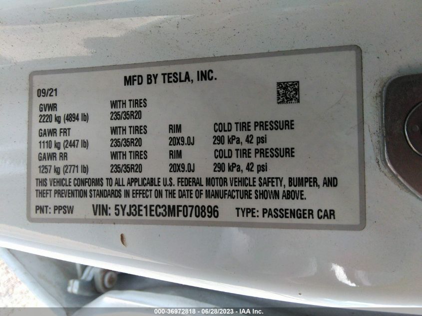 2021 TESLA MODEL 3 PERFORMANCE - 5YJ3E1EC3MF070896