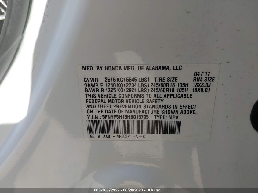 2017 HONDA PILOT LX - 5FNYF5H15HB015795