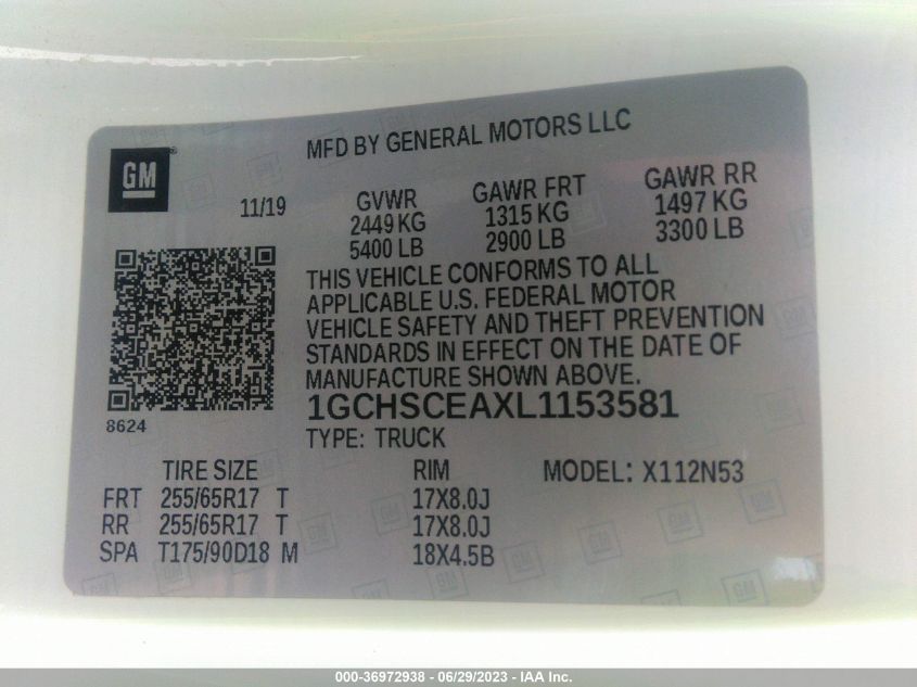 2020 CHEVROLET COLORADO 2WD LT - 1GCHSCEAXL1153581