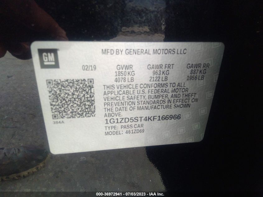 2019 CHEVROLET MALIBU LT - 1G1ZD5ST4KF166966