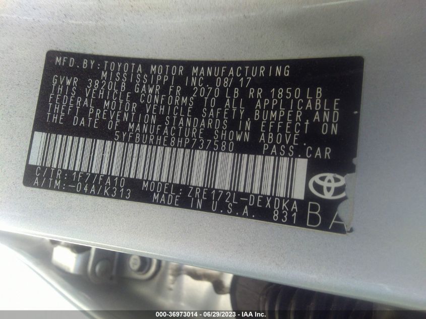 2017 TOYOTA COROLLA L/LE/XLE/SE - 5YFBURHE8HP737580