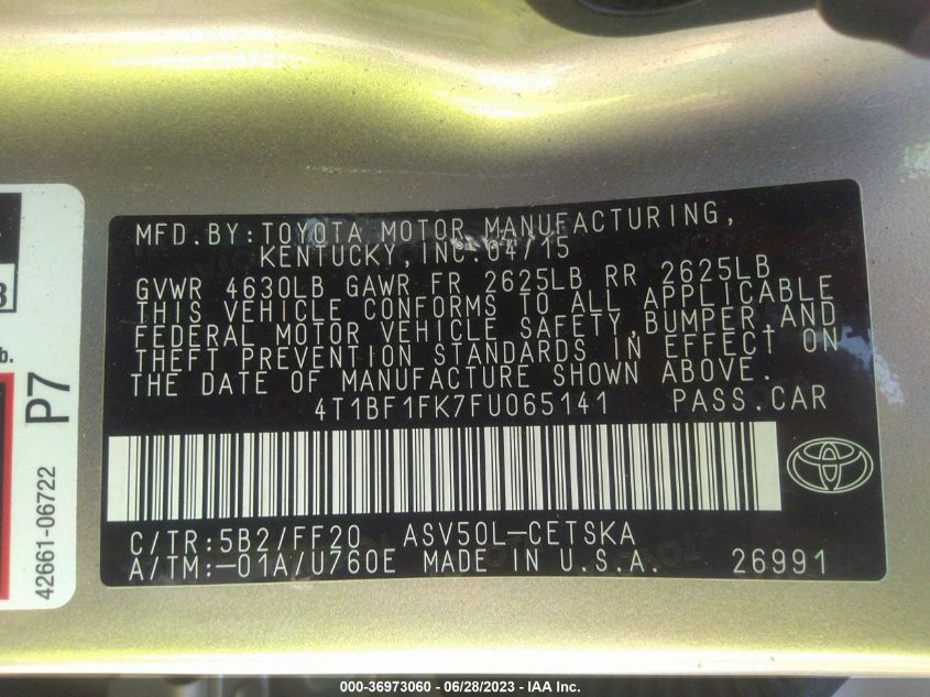 2015 TOYOTA CAMRY XLE/SE/LE/XSE - 4T1BF1FK7FU065141