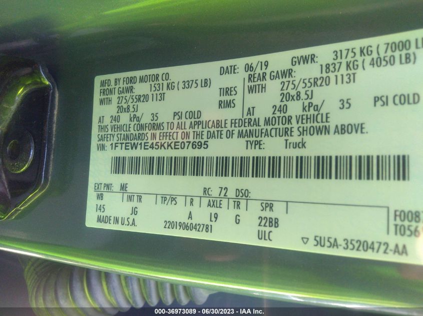 2019 FORD F-150 XL/XLT/LARIAT - 1FTEW1E45KKE07695