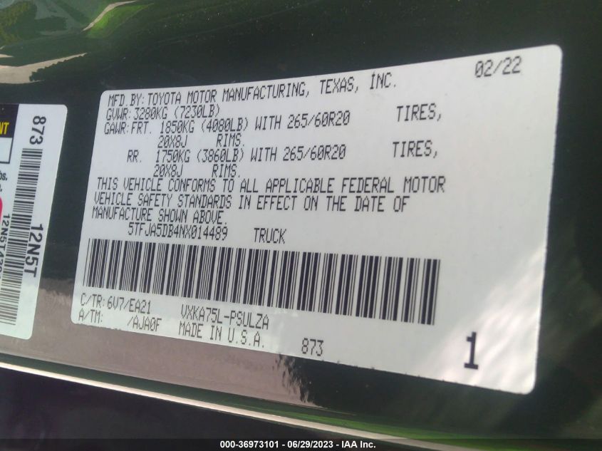 2022 TOYOTA TUNDRA 4WD LIMITED - 5TFJA5DB4NX014489