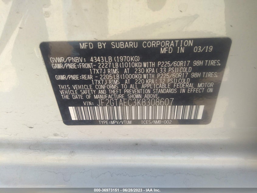 VIN JF2GTAEC3K8308607 2019 SUBARU CROSSTREK PREMIUM