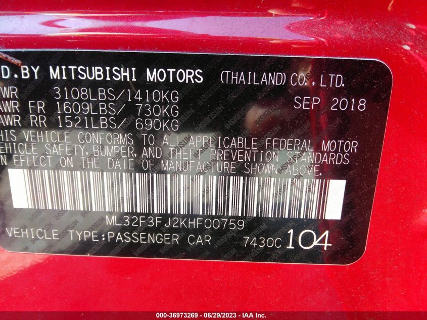 2019 MITSUBISHI MIRAGE G4 ES/RF - ML32F3FJ2KHF00759