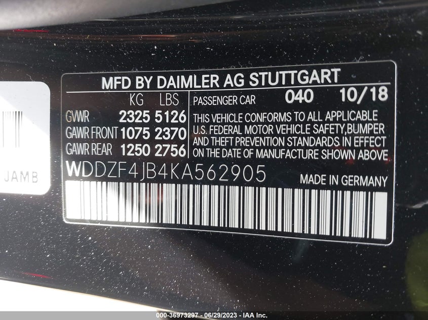 VIN WDDZF4JB4KA562905 2019 MERCEDES-BENZ E-CLASS E 300