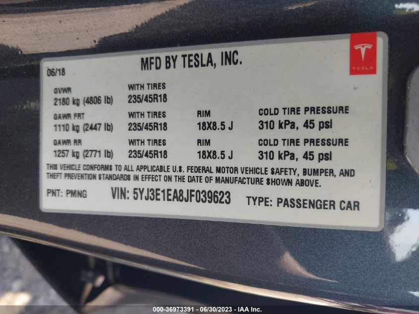 2018 TESLA MODEL 3 RANGE BATTERY - 5YJ3E1EA8JF039623