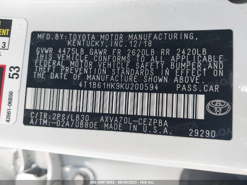 2019 TOYOTA CAMRY XSE - 4T1B61HK9KU200594