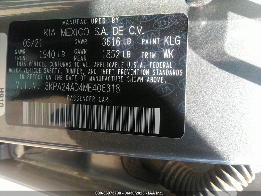 VIN 3KPA24AD4ME406318 2021 KIA RIO LX/S
