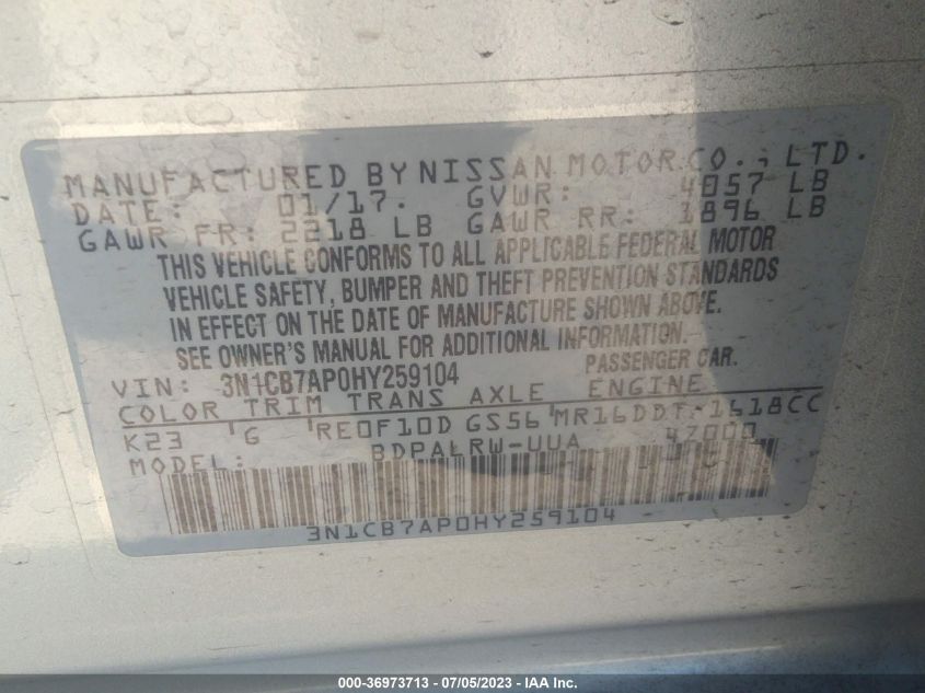 2017 NISSAN SENTRA SR TURBO - 3N1CB7AP0HY259104