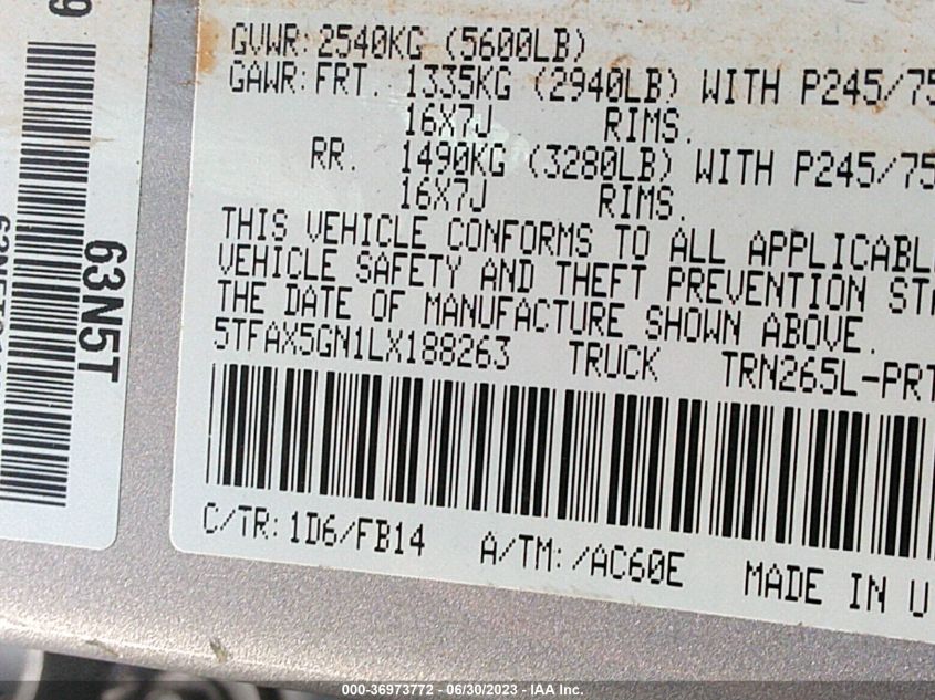 2020 TOYOTA TACOMA 2WD SR/SR5 - 5TFAX5GN1LX188263