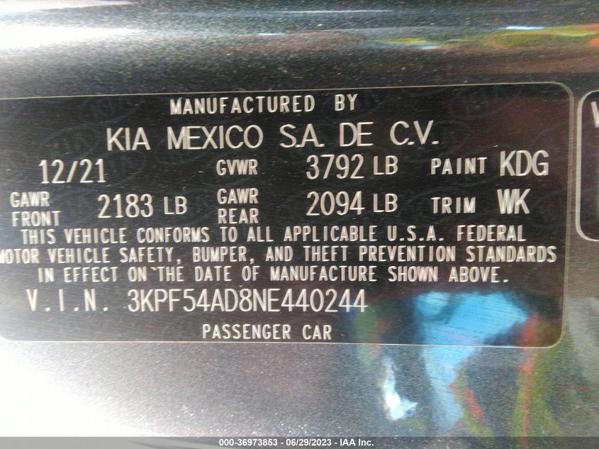 2022 KIA FORTE GT-LINE - 3KPF54AD8NE440244