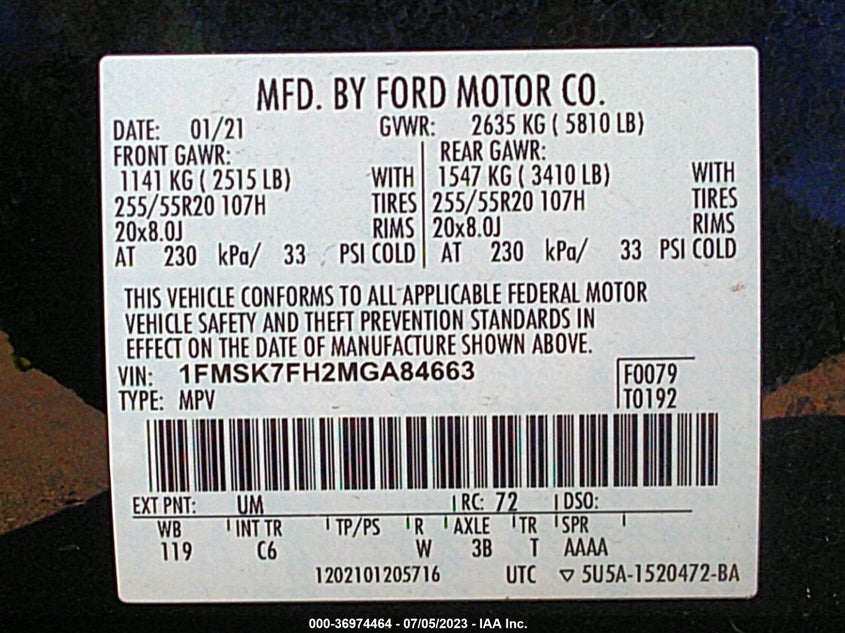 VIN 1FMSK7FH2MGA84663 2021 FORD EXPLORER LIMITED