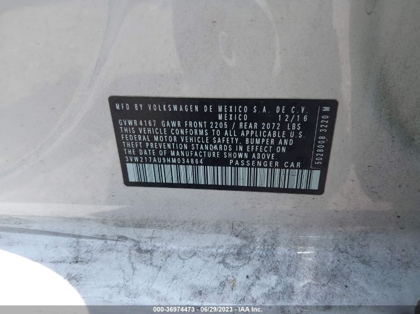 2017 VOLKSWAGEN GOLF S - 3VW217AU9HM034864