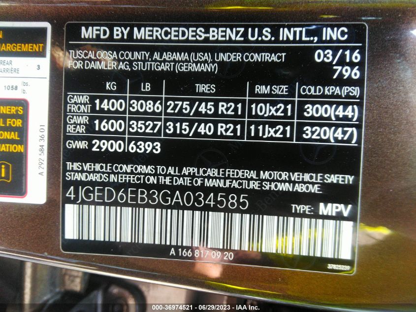 2016 MERCEDES-BENZ GLE 450 AMG COUPE 4JGED6EB3GA034585
