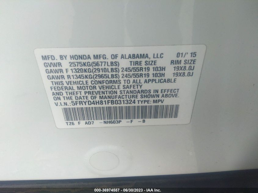 2015 ACURA MDX ADVANCE/ENTERTAINMENT PKG - 5FRYD4H81FB031324