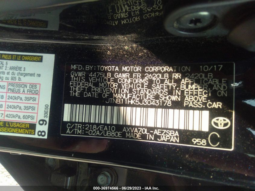 2018 TOYOTA CAMRY LE/SE/XLE/L - JTNB11HK5J3043178