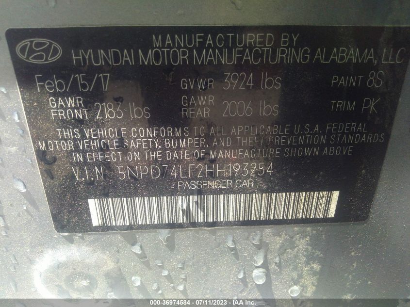 2017 HYUNDAI ELANTRA SE - 5NPD74LF2HH193254
