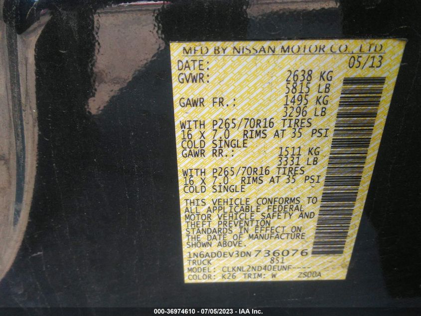 2013 NISSAN FRONTIER SV - 1N6AD0EV3DN736076