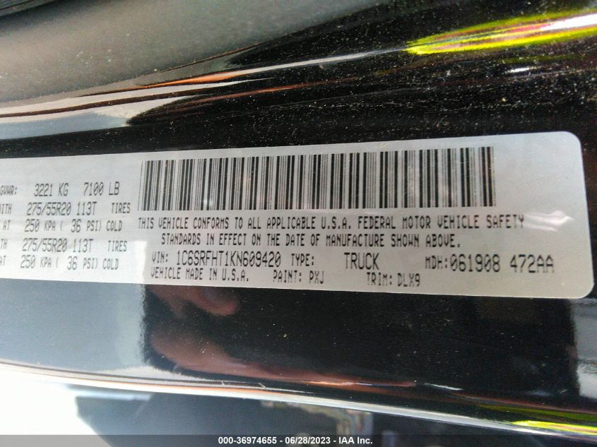 2019 RAM 1500 LIMITED - 1C6SRFHT1KN609420