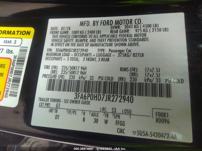 VIN 3FA6P0HD7JR272940 2018 FORD FUSION SE