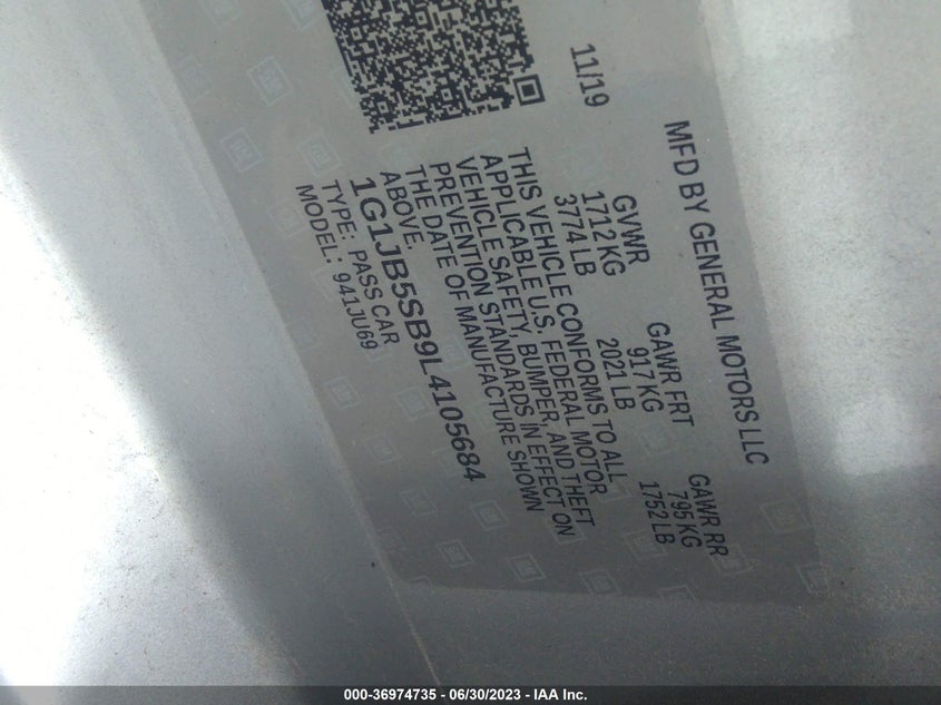 VIN 1G1JB5SB9L4105684 2020 CHEVROLET SONIC LS