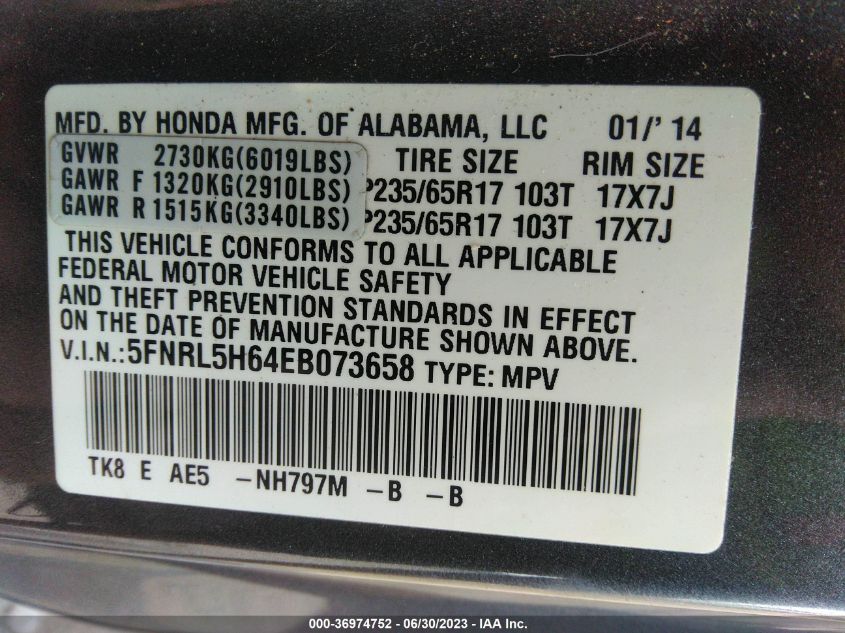 2014 HONDA ODYSSEY EXL - 5FNRL5H64EB073658