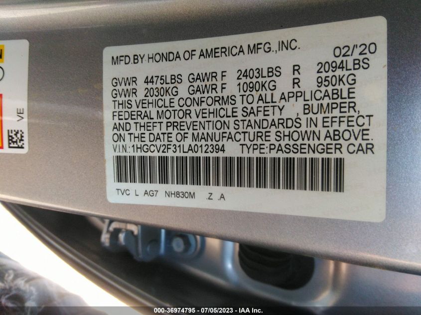 2020 HONDA ACCORD SEDAN SPORT - 1HGCV2F31LA012394
