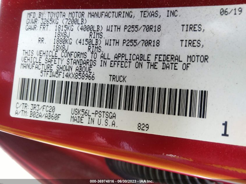 2019 TOYOTA TUNDRA 4WD SR5 - 5TFDW5F14KX858966