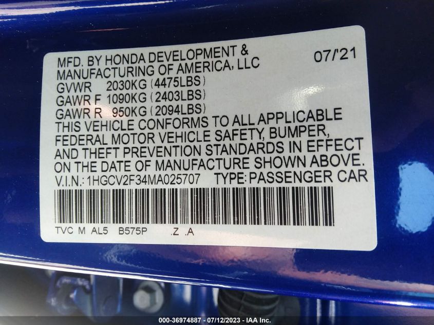 2021 HONDA ACCORD SEDAN SPORT - 1HGCV2F34MA025707
